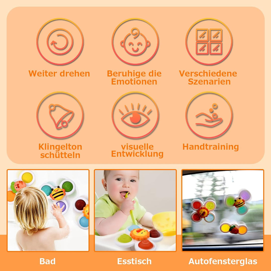 3 Stück Saugnapf Spielzeug, Sensorik Spielzeug Baby 1 Jahr Tisch-Saugnapf Spielzeug Kreisel Kinder B