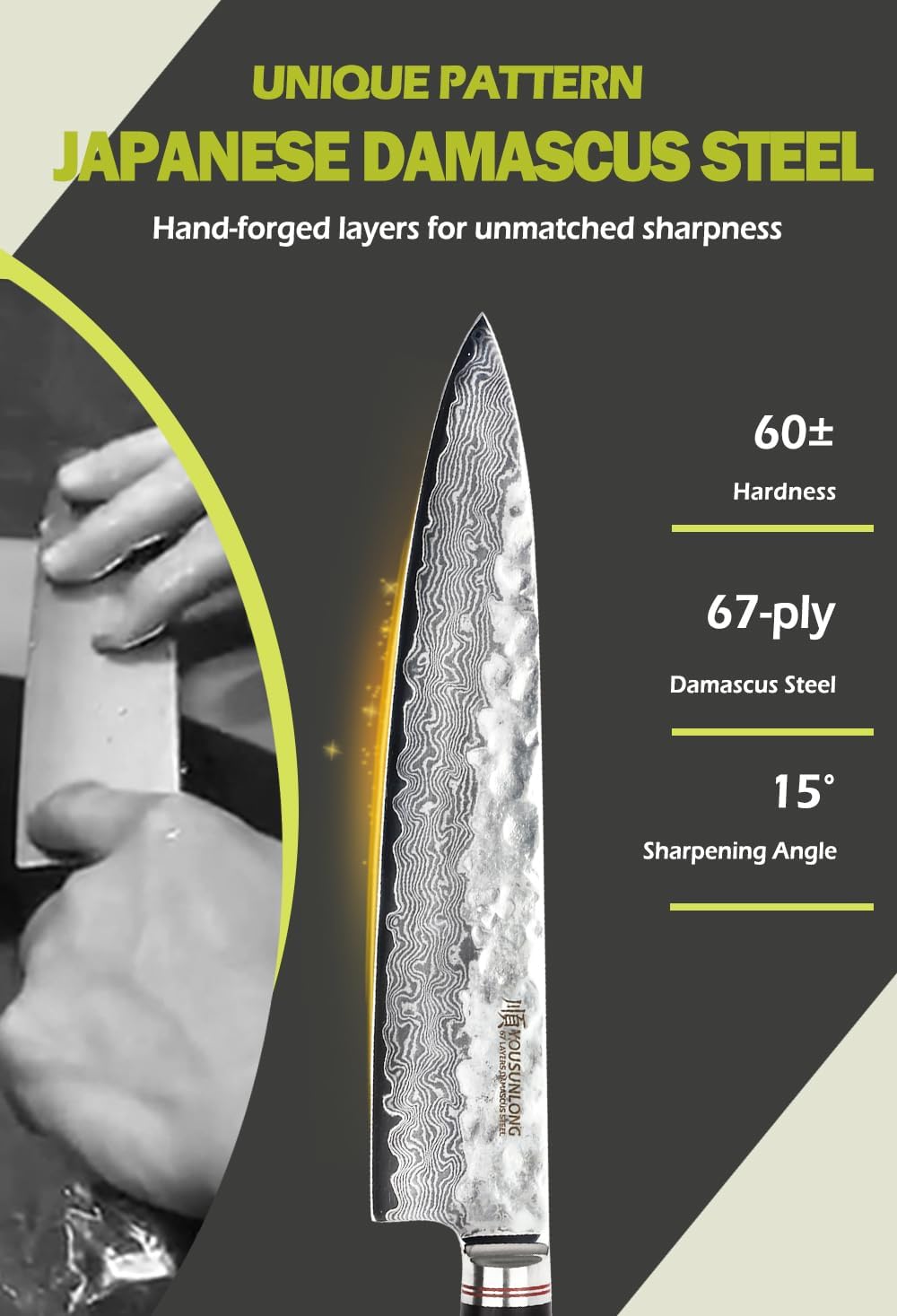 YOUSUNLONG Kochmesser 10 Zoll Pro Gyuto Japanisch Gehämmerter Damaststahl Natur Bleiholzgriff mit Le