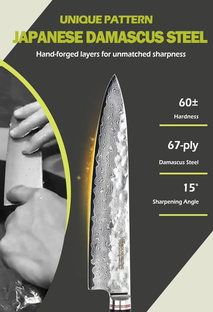 YOUSUNLONG Kochmesser 10 Zoll Pro Gyuto Japanisch Gehämmerter Damaststahl Natur Bleiholzgriff mit Le