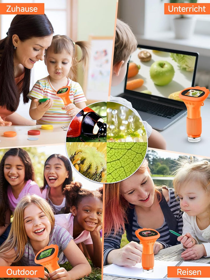 Mikroskop für Kinder, Digitales Mikroskop mit 2,0" IPS-Bildschirm Lupe 200x Vergrösserung, 8 LED Lig