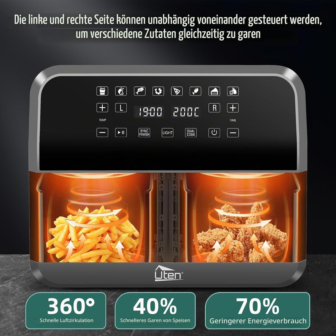 Uten Doppel Heissluftfritteuse, 8L Heissluftfritteuse Dual Zone Sichtbar, XXL Airfryer mit 2 Kammern