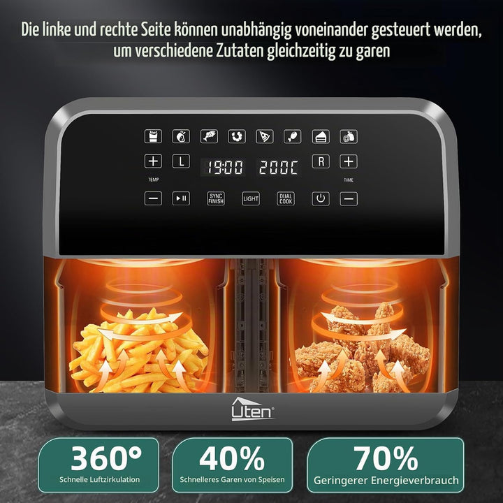 Uten Doppel Heissluftfritteuse, 8L Heissluftfritteuse Dual Zone Sichtbar, XXL Airfryer mit 2 Kammern