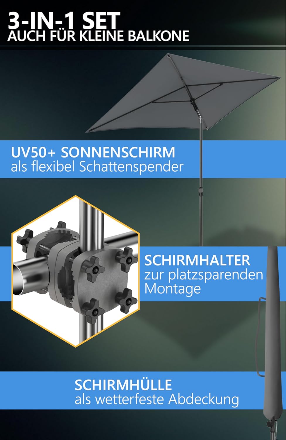 4smile Sonnenschirm Balkon SunnyShade, Sonnnenschutz Balkon SET 3-in-1, Anthrazit - UV50+ SunnyGuy S