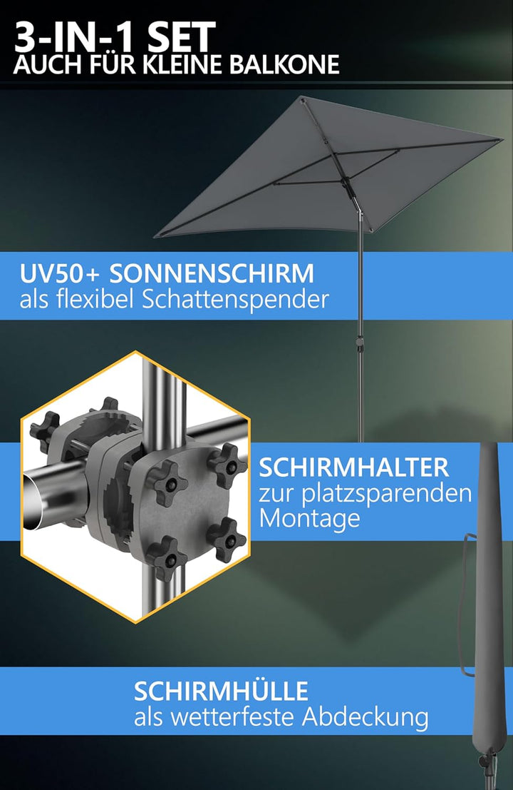4smile Sonnenschirm Balkon SunnyShade, Sonnnenschutz Balkon SET 3-in-1, Anthrazit - UV50+ SunnyGuy S