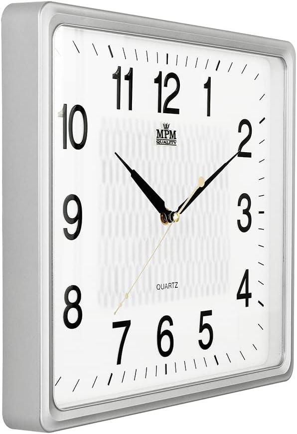 MPM Quality Quadratische Kunststoff-Wanduhr Weiss/Silber, Wanddekoration, Quarz-Uhrwerk, Reibungslos