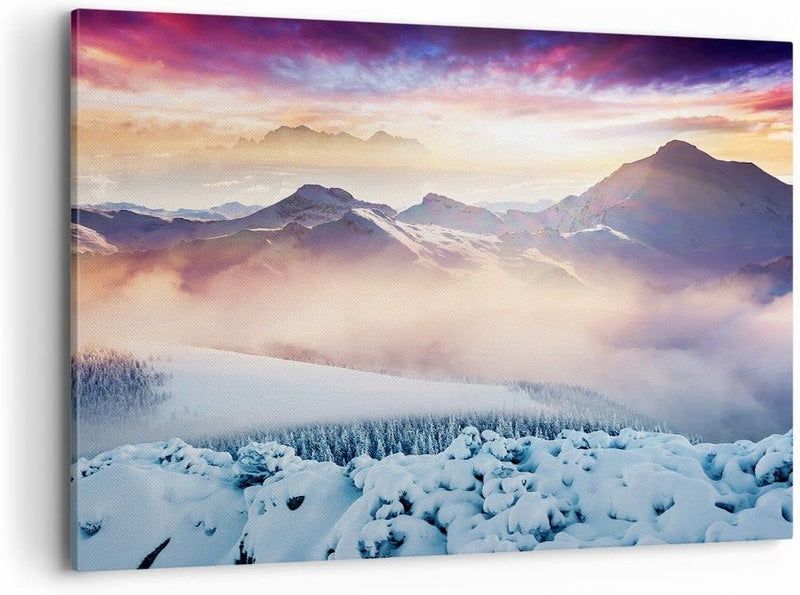 Bilder auf Leinwand 100x70cm Leinwandbild mit Rahmen Berge Schnee Winter Gross Wanddeko Bild Schlafz