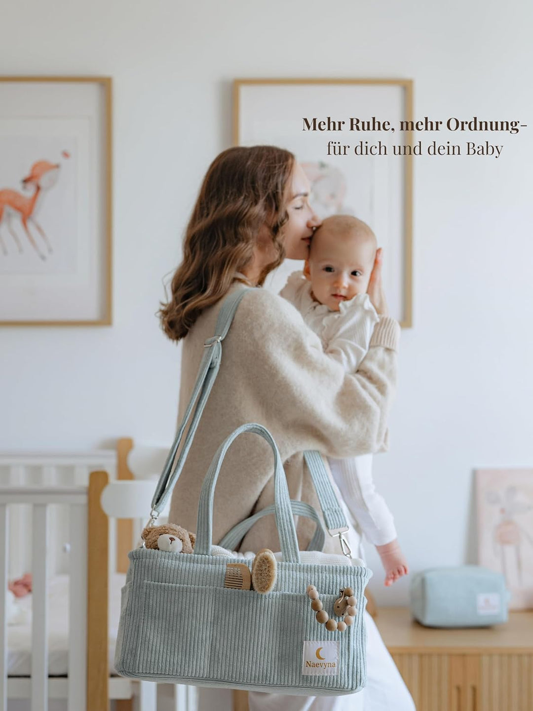 Wickeltasche Organizer Set 2 in 1 aus Cord mit Schultergurt und kleine Windeltasche – Wickelkorb und