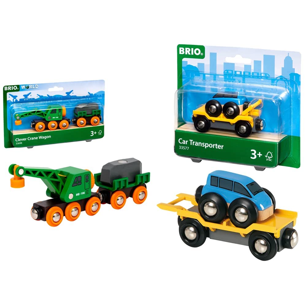 BRIO Bahn 33698 - Grüner Kranwagen mit Anhänger und Fracht,White & Bahn 33577 - Autotransporter mit