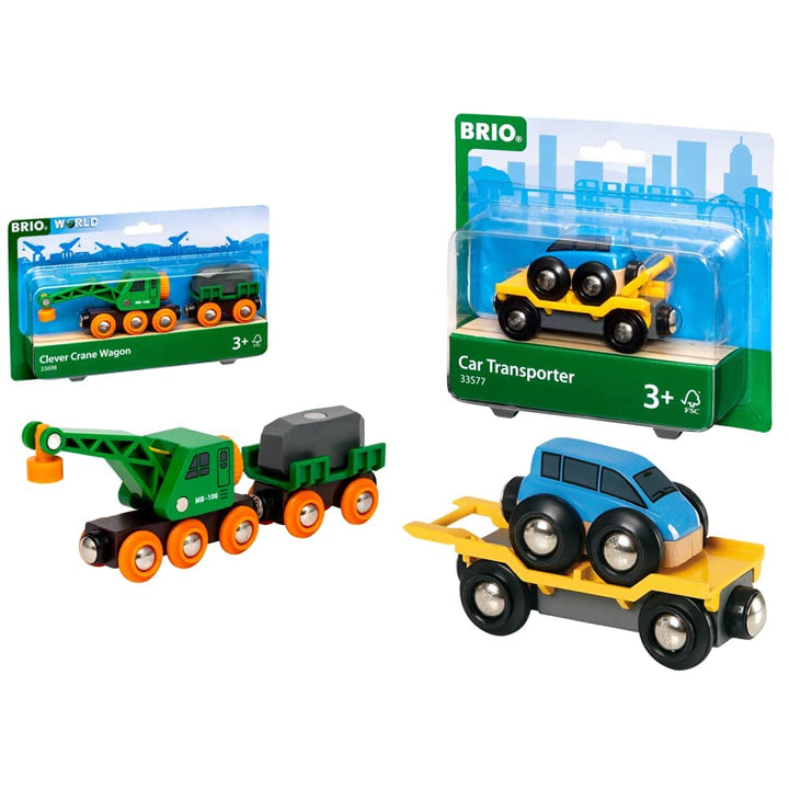 BRIO Bahn 33698 - Grüner Kranwagen mit Anhänger und Fracht,White & Bahn 33577 - Autotransporter mit