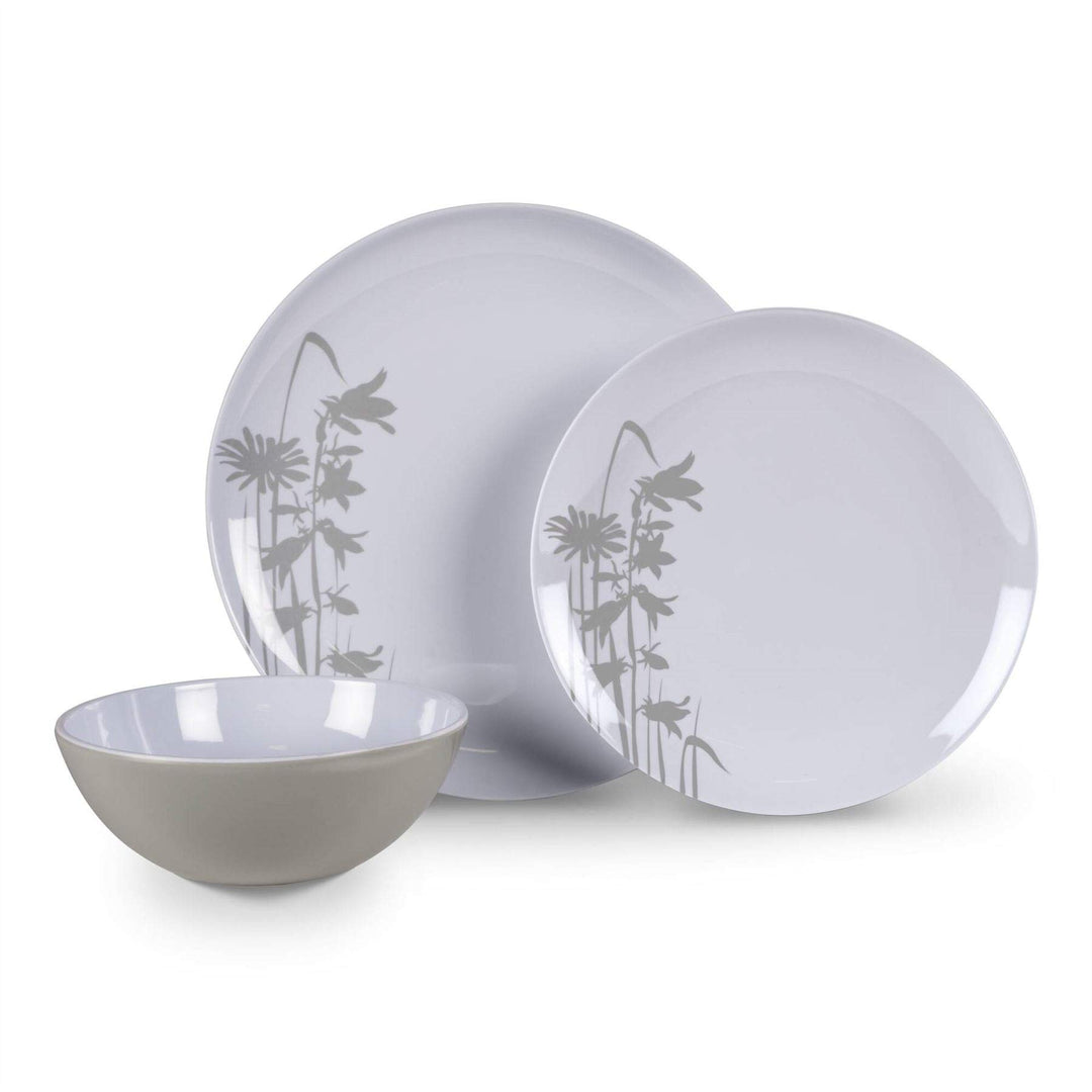 Geschirr Set 12teilig Melamin Camping Picknick Geschirr weiss/grau Blumen Gräs...