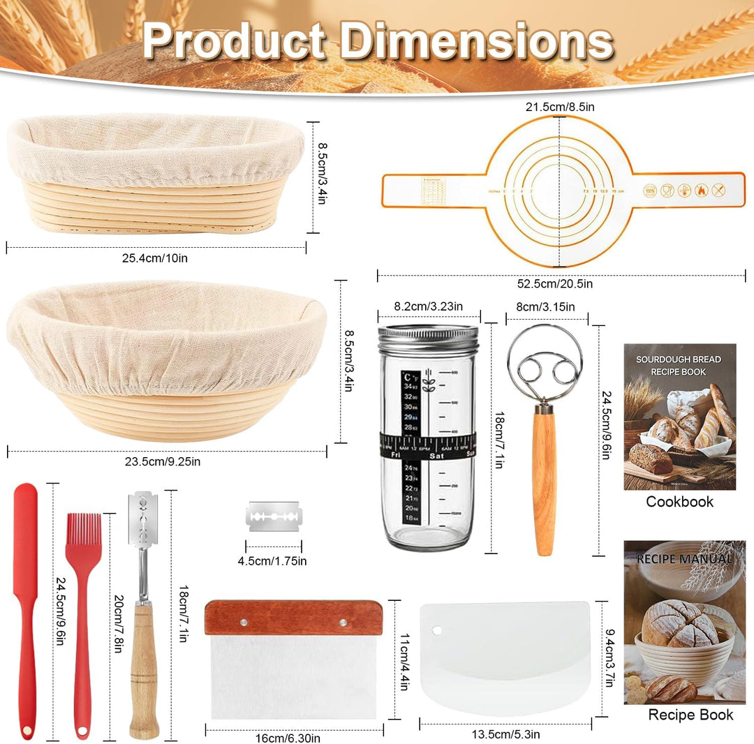 12 Stück Sauerteig Starter Set, 23,5cm & 25,4cm Gärkorb Brot Backen Mit Broschüre, Sauerteig Starter