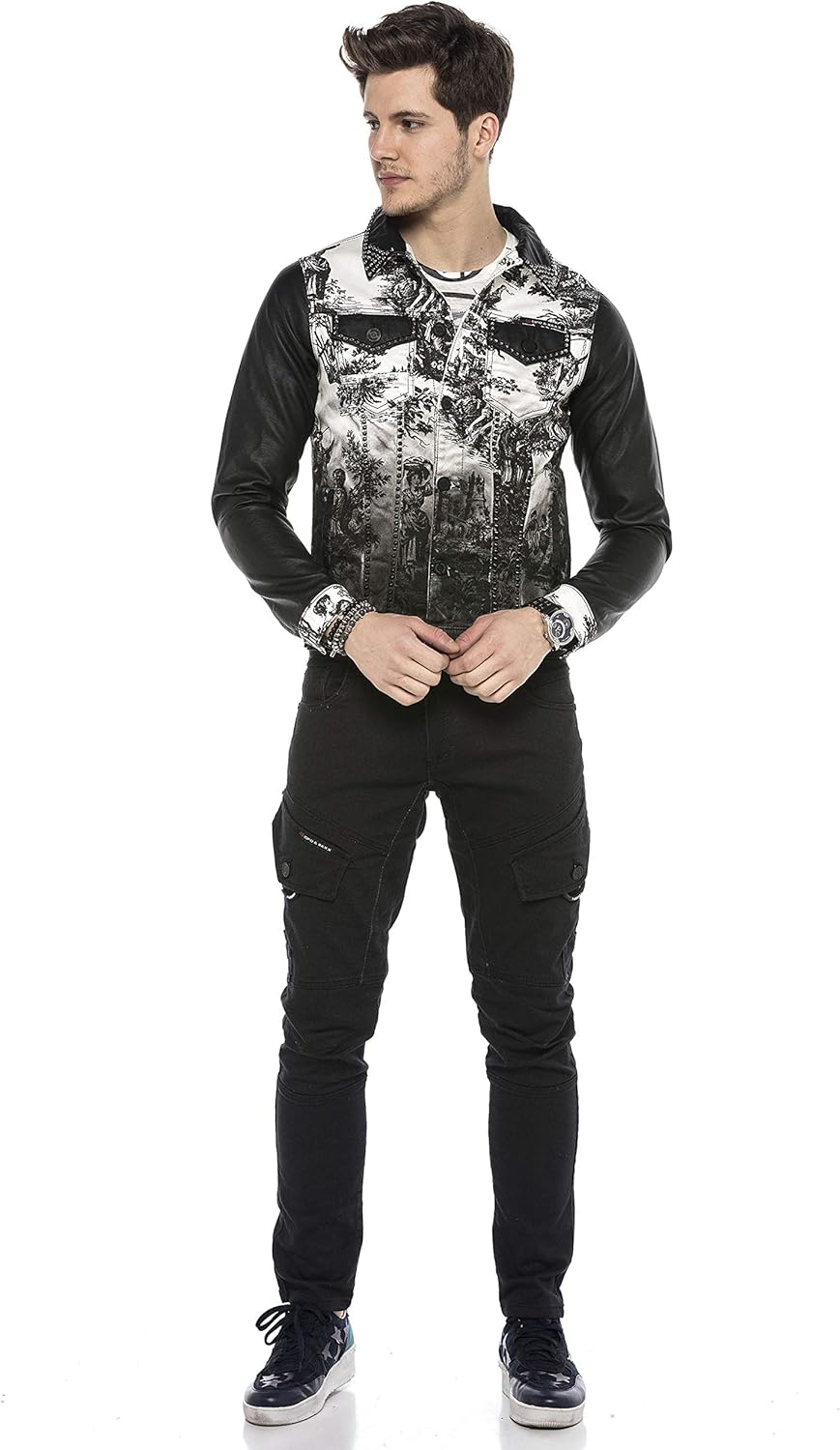 Cipo & Baxx Herren Jeanshose Design Cargohose Regular Fit Straght Biker Pants Used Jeans Hose Schwar