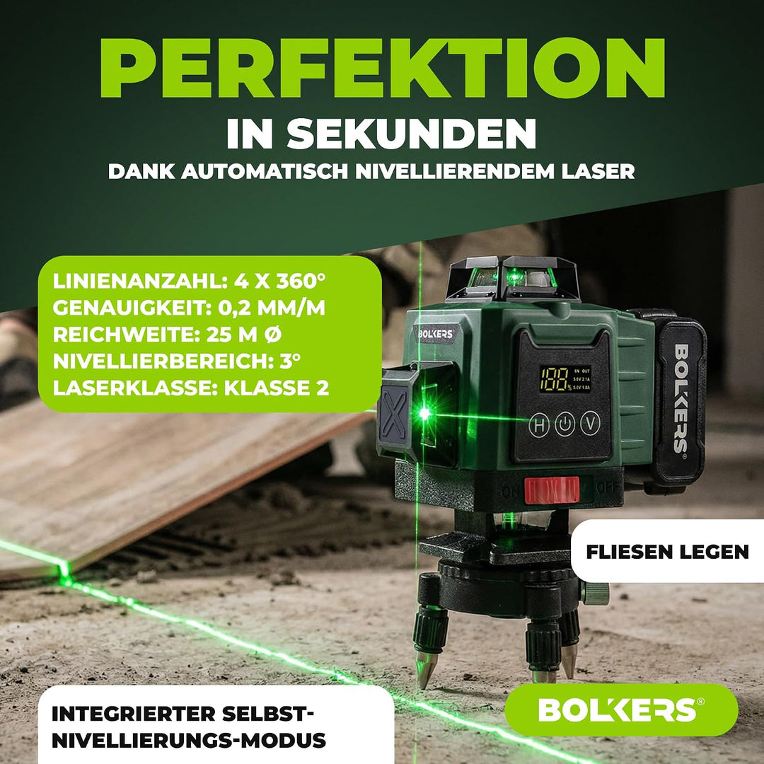 ProLaser 4x360° Kreuzlinienlaser mit Stativ – Grüner Selbstnivellierender Baulaser, 16 Linien, 2 Akk