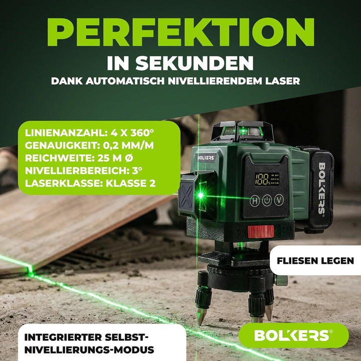 ProLaser 4x360° Kreuzlinienlaser mit Stativ – Grüner Selbstnivellierender Baulaser, 16 Linien, 2 Akk
