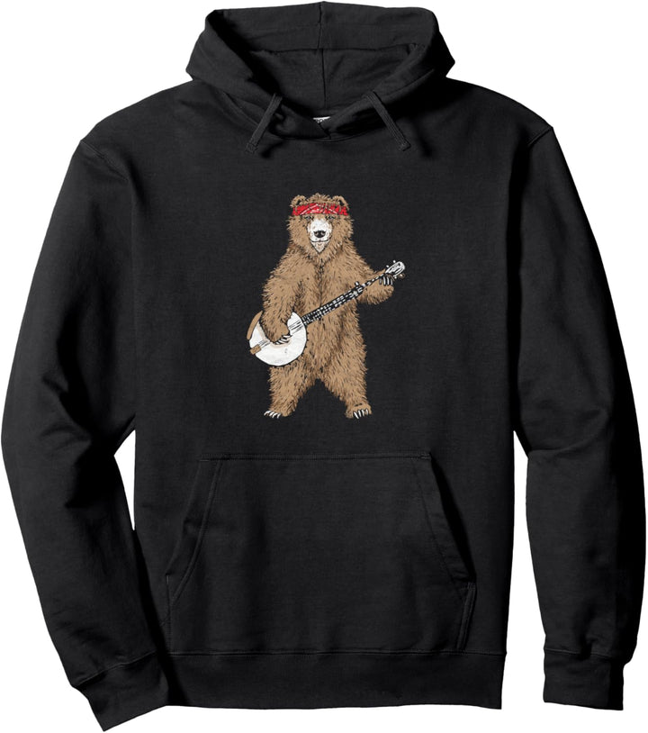 Banjo Bear - Funny Retro Hippie Bluegrass Fan Graphic Pullover Hoodie