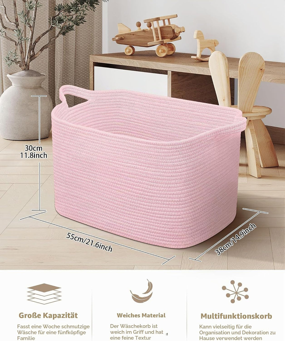 JOJOSEE Faltbarer Wäschekorb 63L Grosse Aufbewahrungskorb Hellrosa | Geflochten Laundry Baskets mit