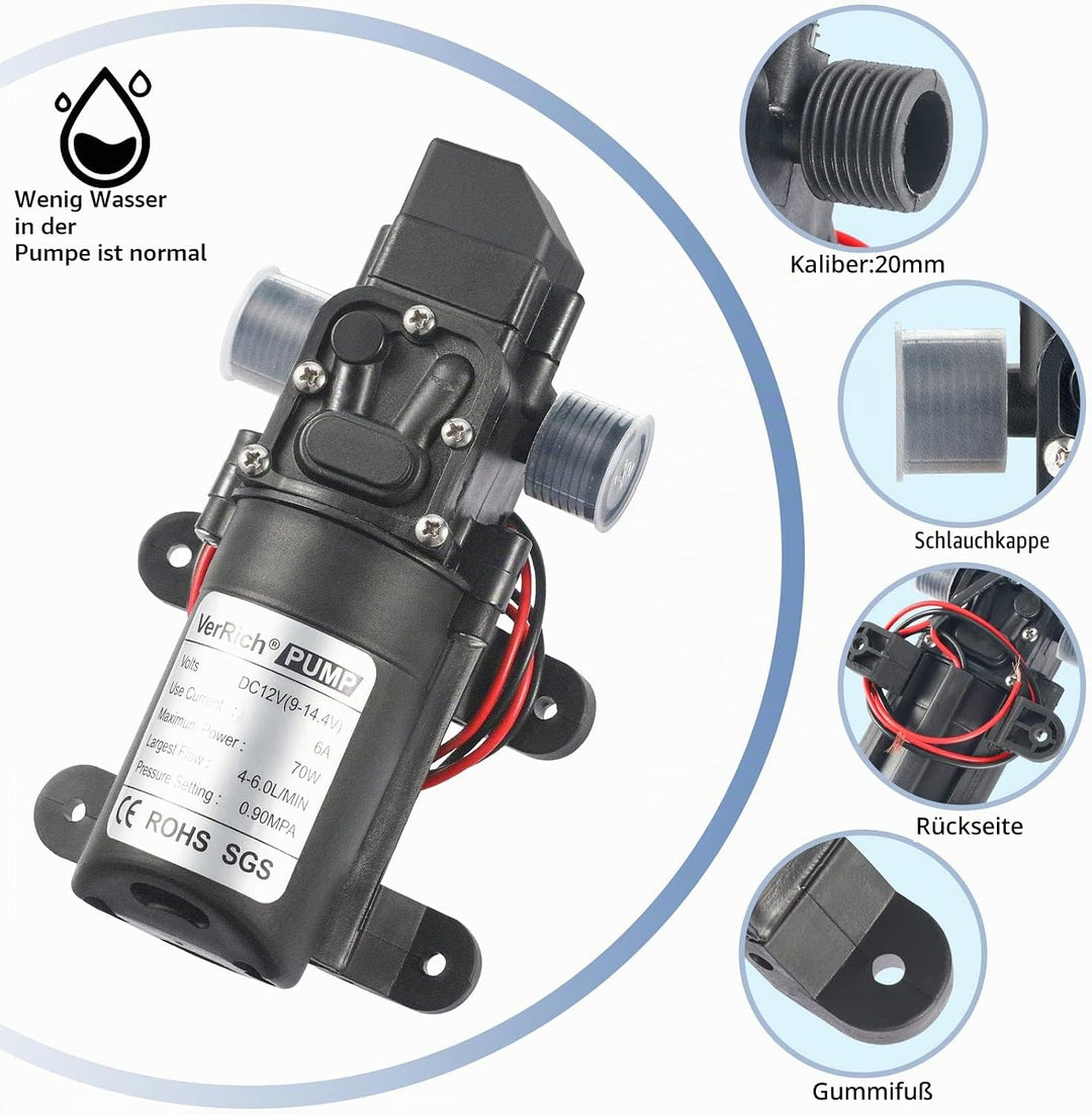 VerRich Membranpumpe, 12V Wasserpumpen 70W Selbstansaugende Pumpe 6 L/Min 0.9MPA 131 PSI mit Drucksc