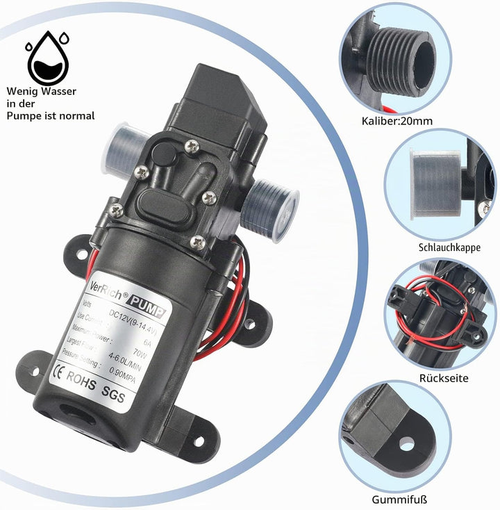 VerRich Membranpumpe, 12V Wasserpumpen 70W Selbstansaugende Pumpe 6 L/Min 0.9MPA 131 PSI mit Drucksc