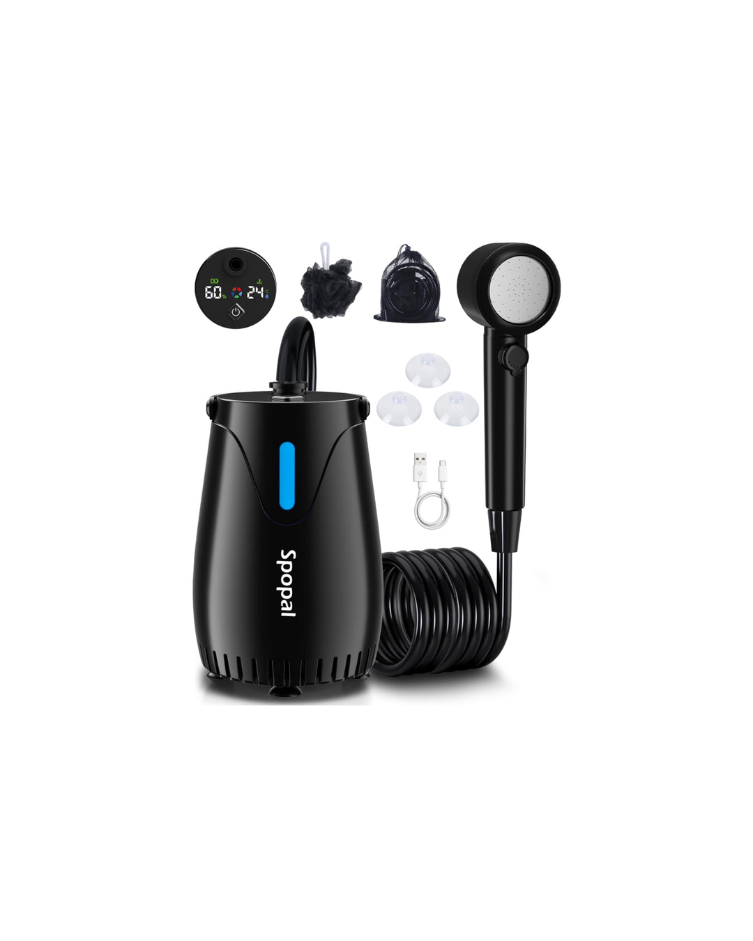 Spopal Campingdusche mit Pumpe [8000mAh], Tragbare Campingdusche mit Temperaturmessung, Farbiger Nac