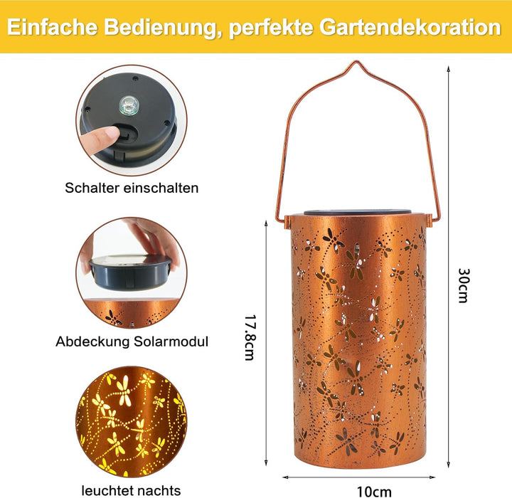 Solar Laternen Outdoor Hängelaternen, Libelle ausgehöhlte Metall-Dekolaterne, wasserdichte LED Dekol