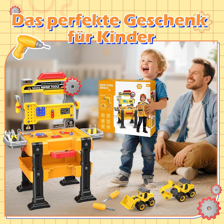 Spielzeug ab 3 Jahre: Kinder Werkzeugbank mit Echtem Elektro-Bohrer & Abbaubaren Baufahrzeugen, Kons