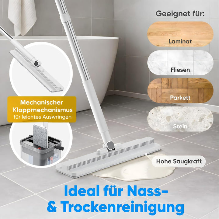 Wischmopp Set mit Eimer – Bodenwischer / Nasswischer mit 2-Kammer-System – Wischmopp & Mop Set mit P