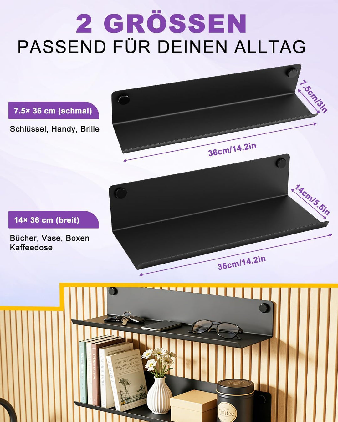 Haliya Regal für Akustikpaneele ohne Bohren – 7,5x36 cm Wandregal Metall Schwarz, Akustikpaneele Reg