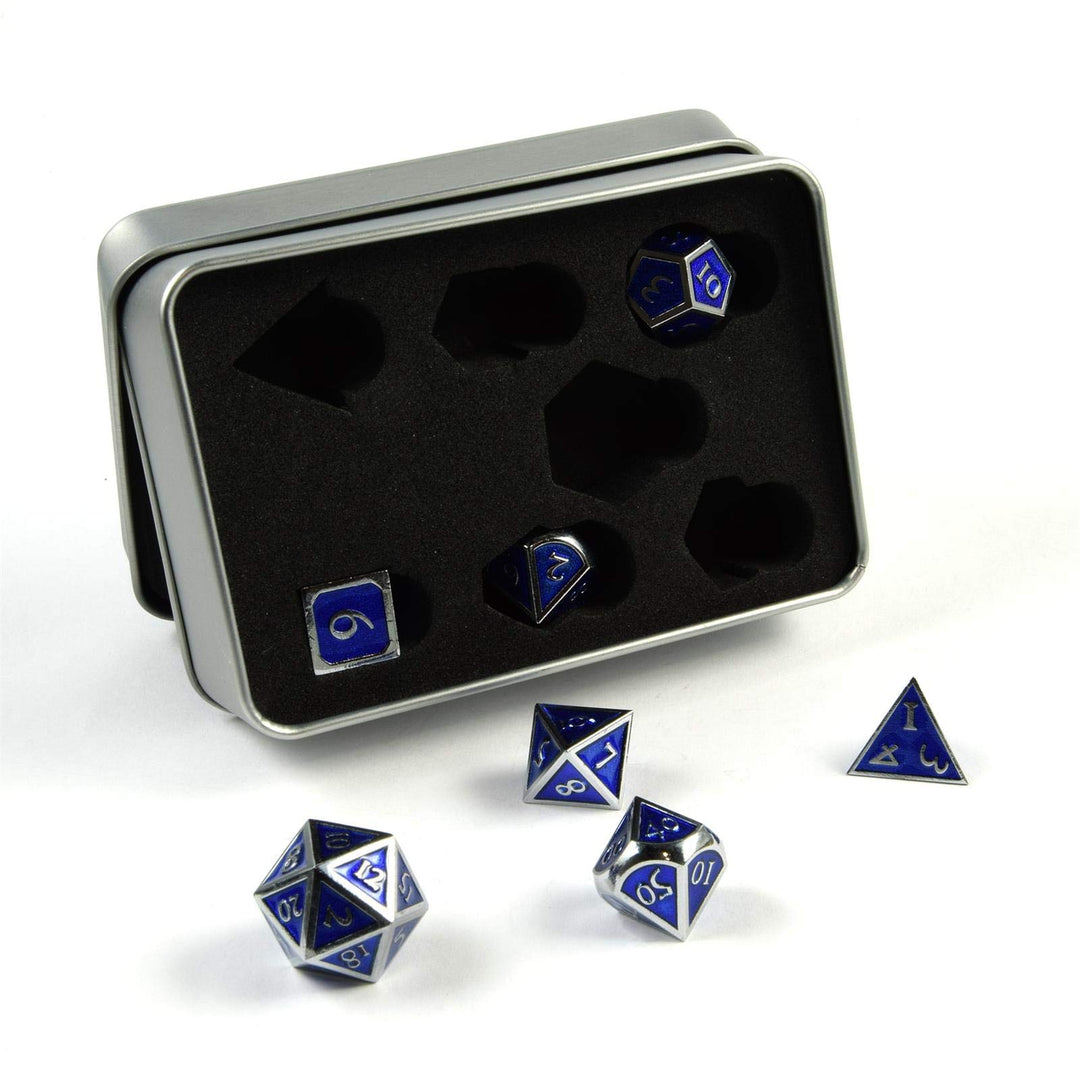 shibby 7 polyedrische Metall-Würfel für Rollen- und Tabletopspiele in Steampunk Silber/Blau-Optik in