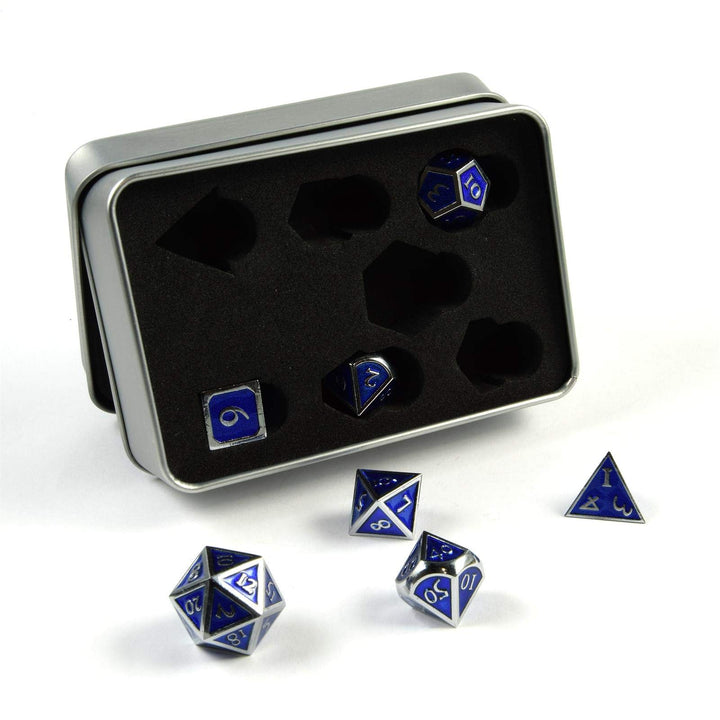 shibby 7 polyedrische Metall-Würfel für Rollen- und Tabletopspiele in Steampunk Silber/Blau-Optik in