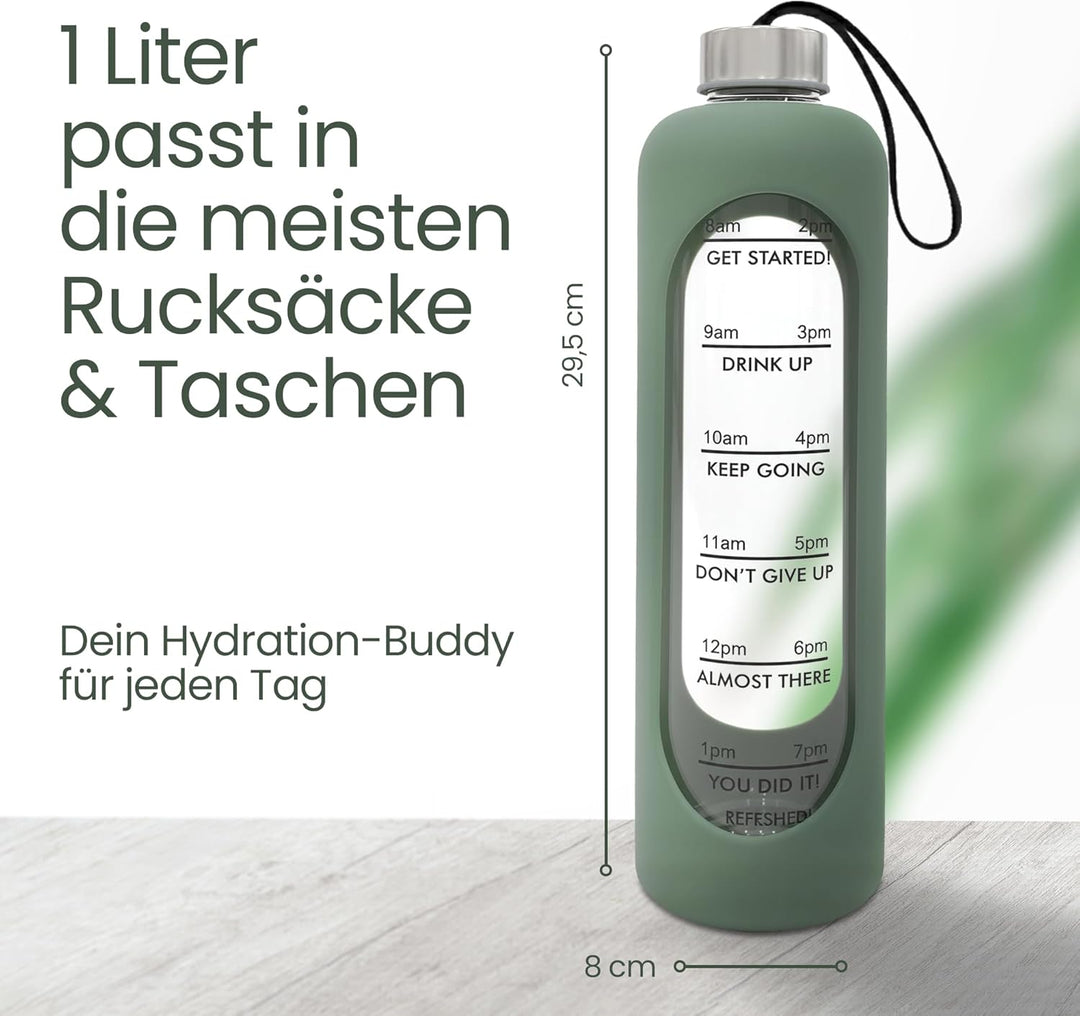 Trinkflasche Glas 1L – kohlensäuregeeignet – mit Bürste & Silikonhülle – Olivgrün