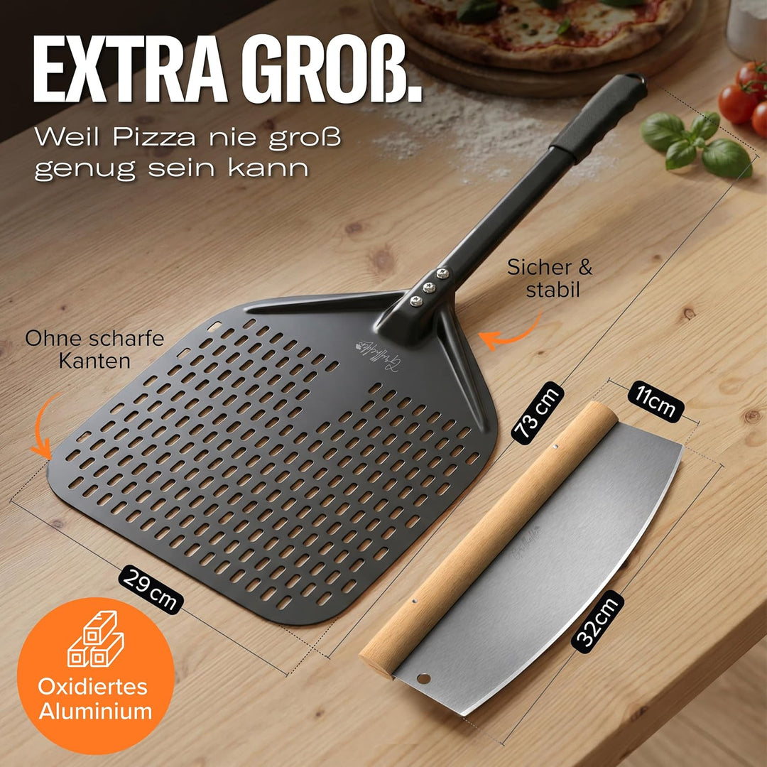 Pizzaschieber Set mit Pizzaschneider - grosser perforierter Pizzaschieber mit Antihaft-Beschichtung