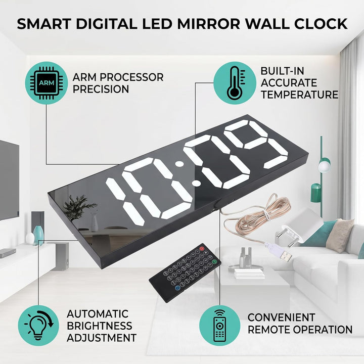 Ymiko Grosse LED-Digitaluhr, Wanduhr, elektronisch, Spiegel, digital, LED, 100 – 240 V, mit Fernbedi