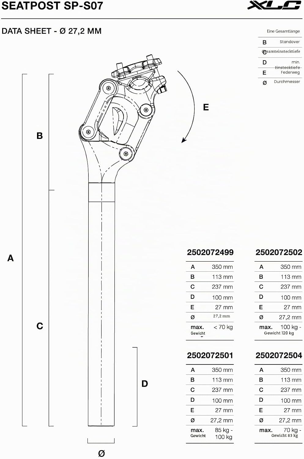 XLC SP-S07 Sattelstütze Schwarz 27.2mm, 350mm
