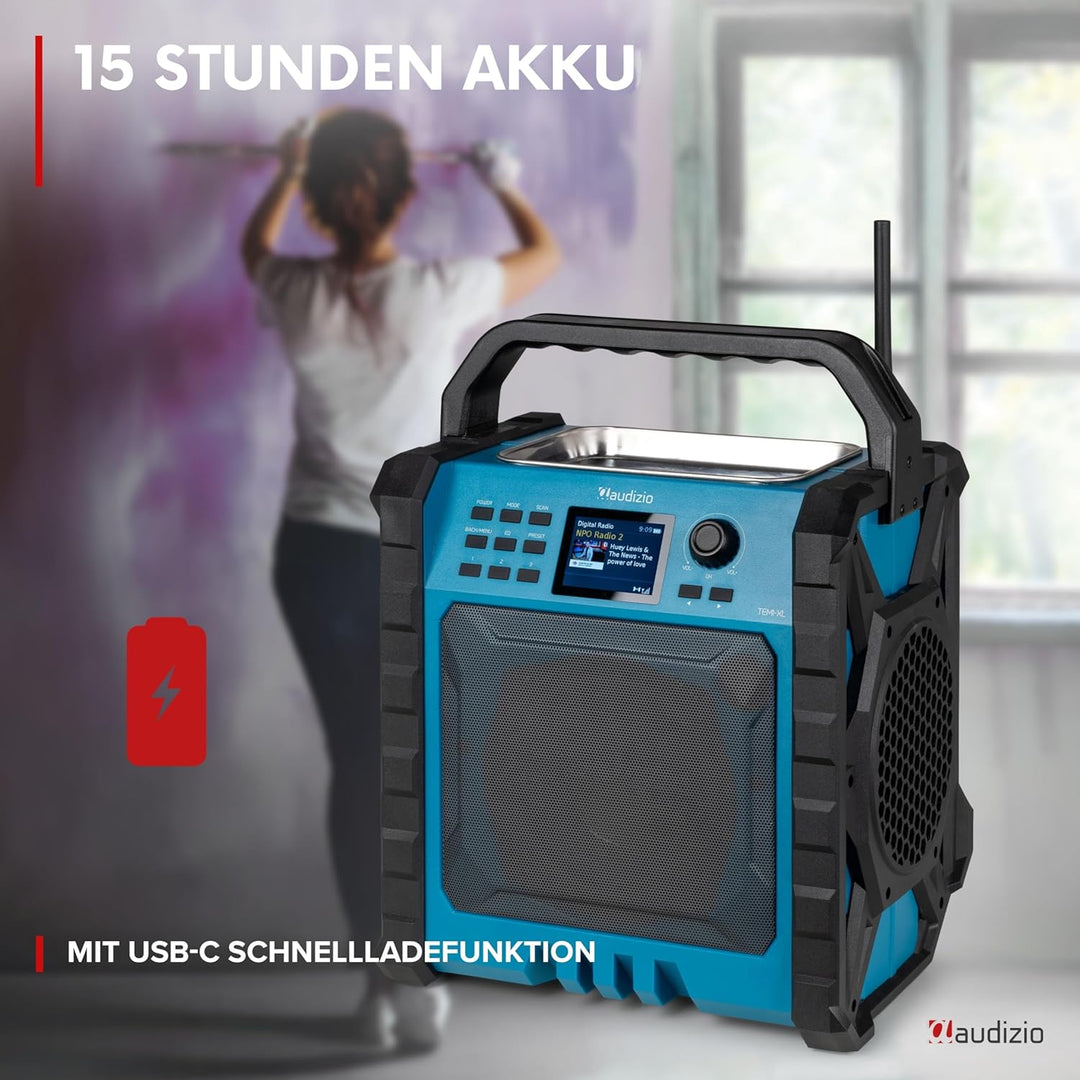 Audizio Jobsite XL - Baustellenradio DAB Plus Radio mit Bluetooth 5.0, Akku 15h, 200 Watt, IP54 Wass
