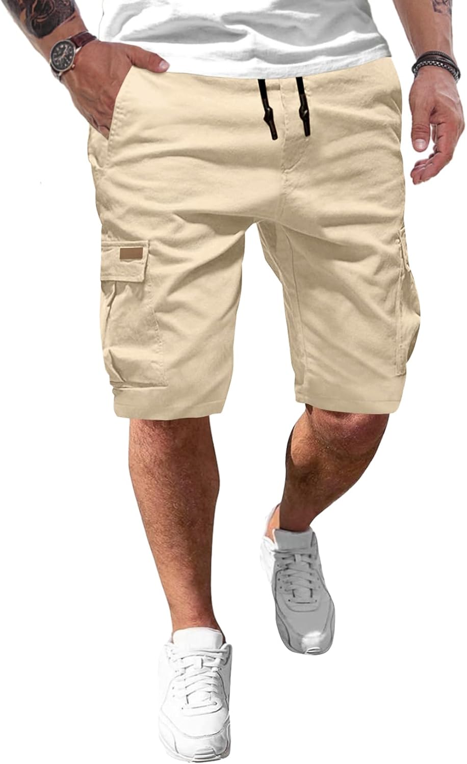 JMIERR Kurze Hosen Herren Baumwolle Cargo Shorts Herren Sommer Freizeithose mit Taschen S E Apricot,