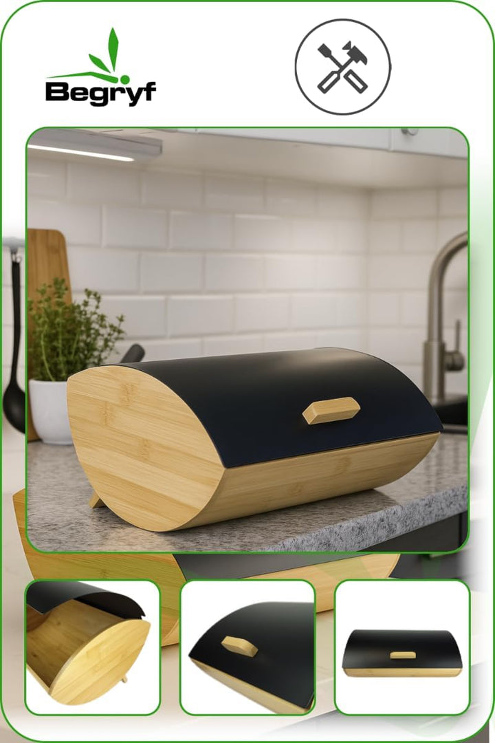 Brotkasten 35 cm, Bambus-Brotbox mit schwarzem Metalldeckel und Griff, kompakter Brotbehälter für Br