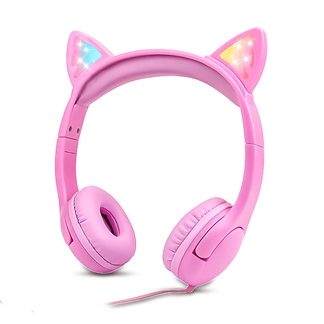 Olyre Katze Ohren Kopfhörer mit LED-Leuchten kabelgebundene Kinder-Kopfhörer–Pink
