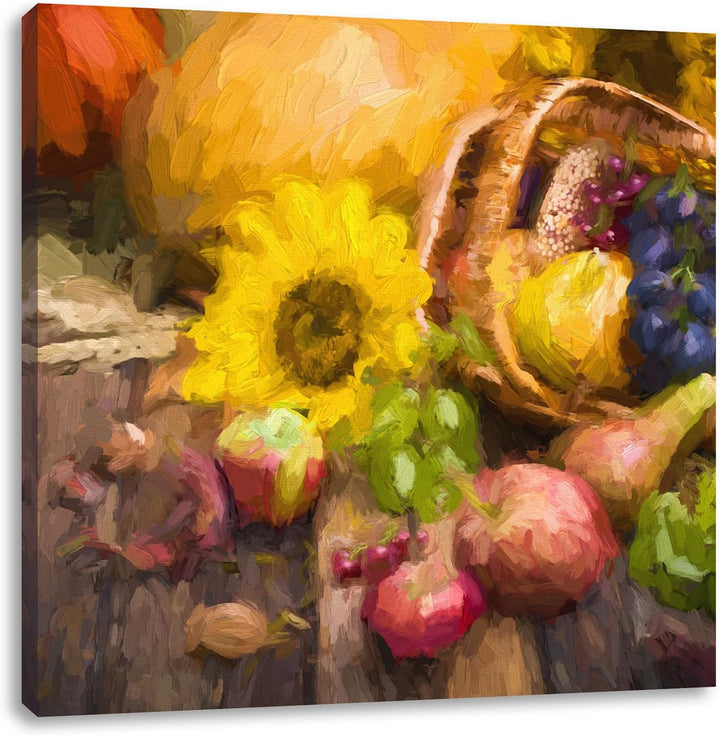 Pixxprint Herbstlicher Obstkorb Pinsel Effekt, Format: 70x70 auf Leinwand, 70x70