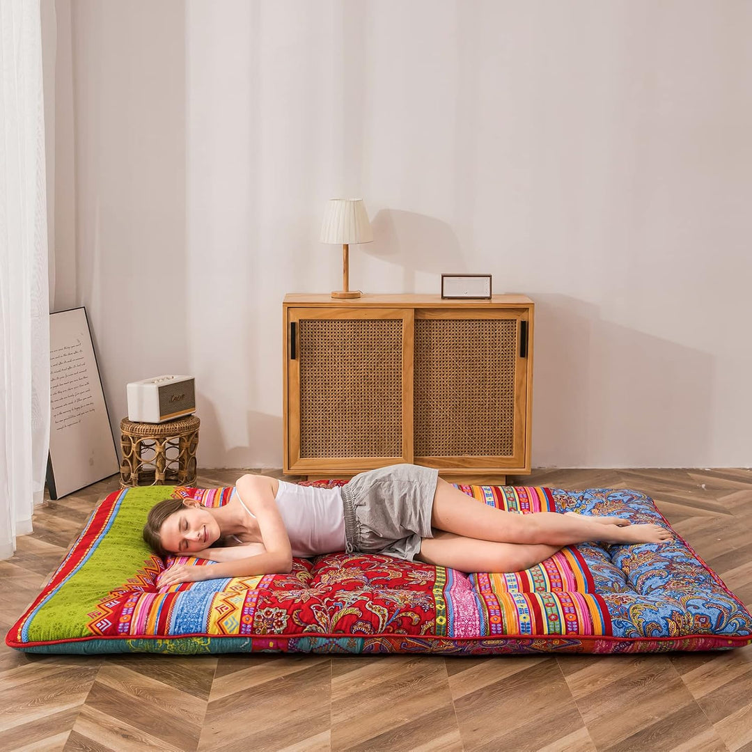 MAXYOYO Böhmische Retro-Bodenmatratze, Vintage-Blumenmuster, japanische Futon-Matratze, aufrollbar,
