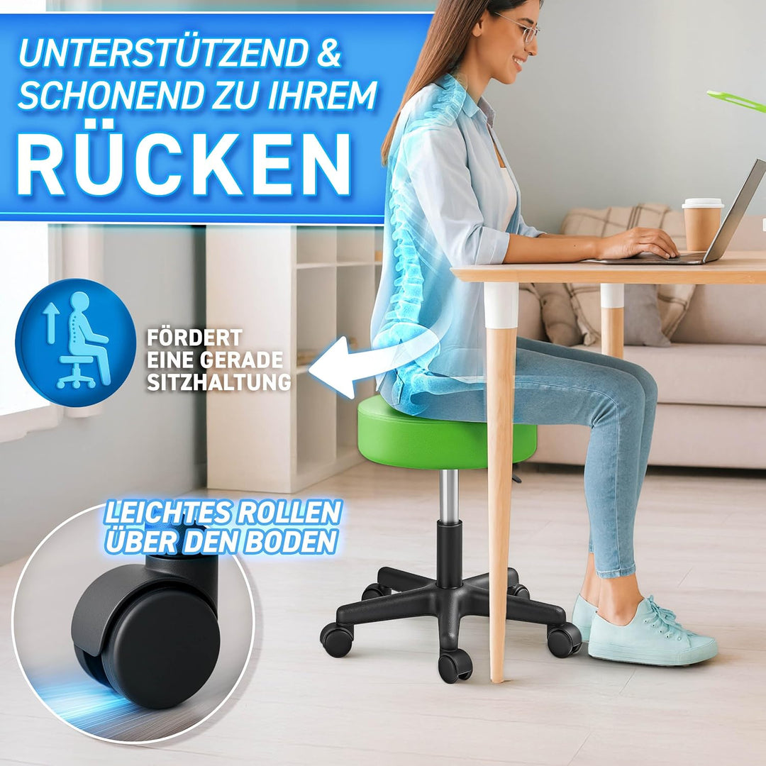 TRESKO® Rollhocker höhenverstellbar 10 cm Dicke Polsterung bis 150 kg | Hocker 47-60cm | Arbeitshock