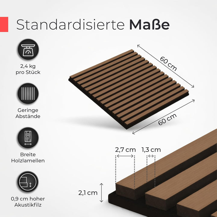 Akustikpaneele Holz – 3er-Set | 60x60cm | Echtholz Walnuss & Akustikfilz Schwarz – 3D Wandpaneele fü