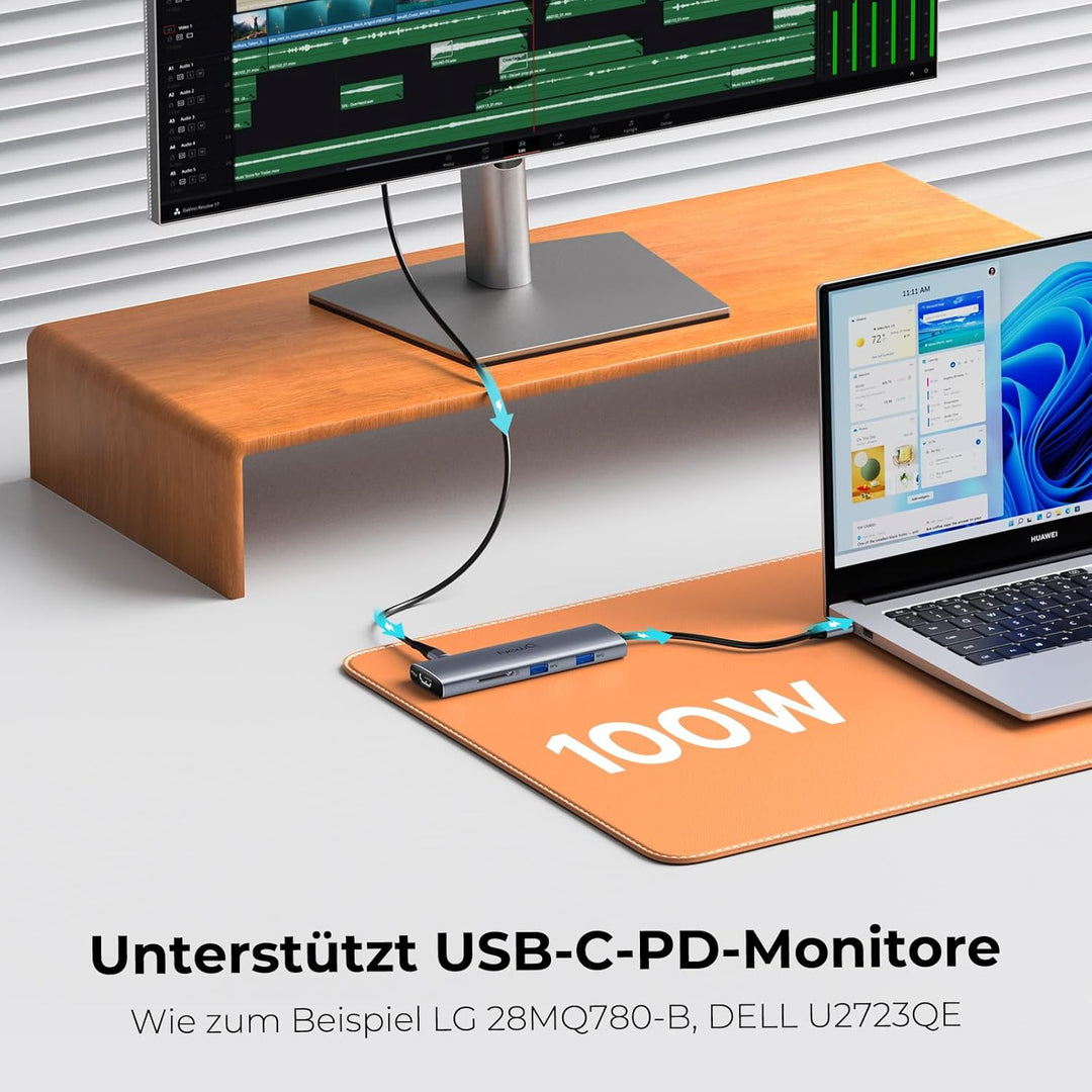 USB C Video Hub mit Dual/Triple Monitor Support, 4K@30-60Hz HDMI, 100W PD, 6X USB 10 Gbit/s, SD4.0,