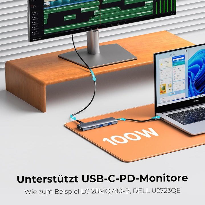 USB C Video Hub mit Dual/Triple Monitor Support, 4K@30-60Hz HDMI, 100W PD, 6X USB 10 Gbit/s, SD4.0,
