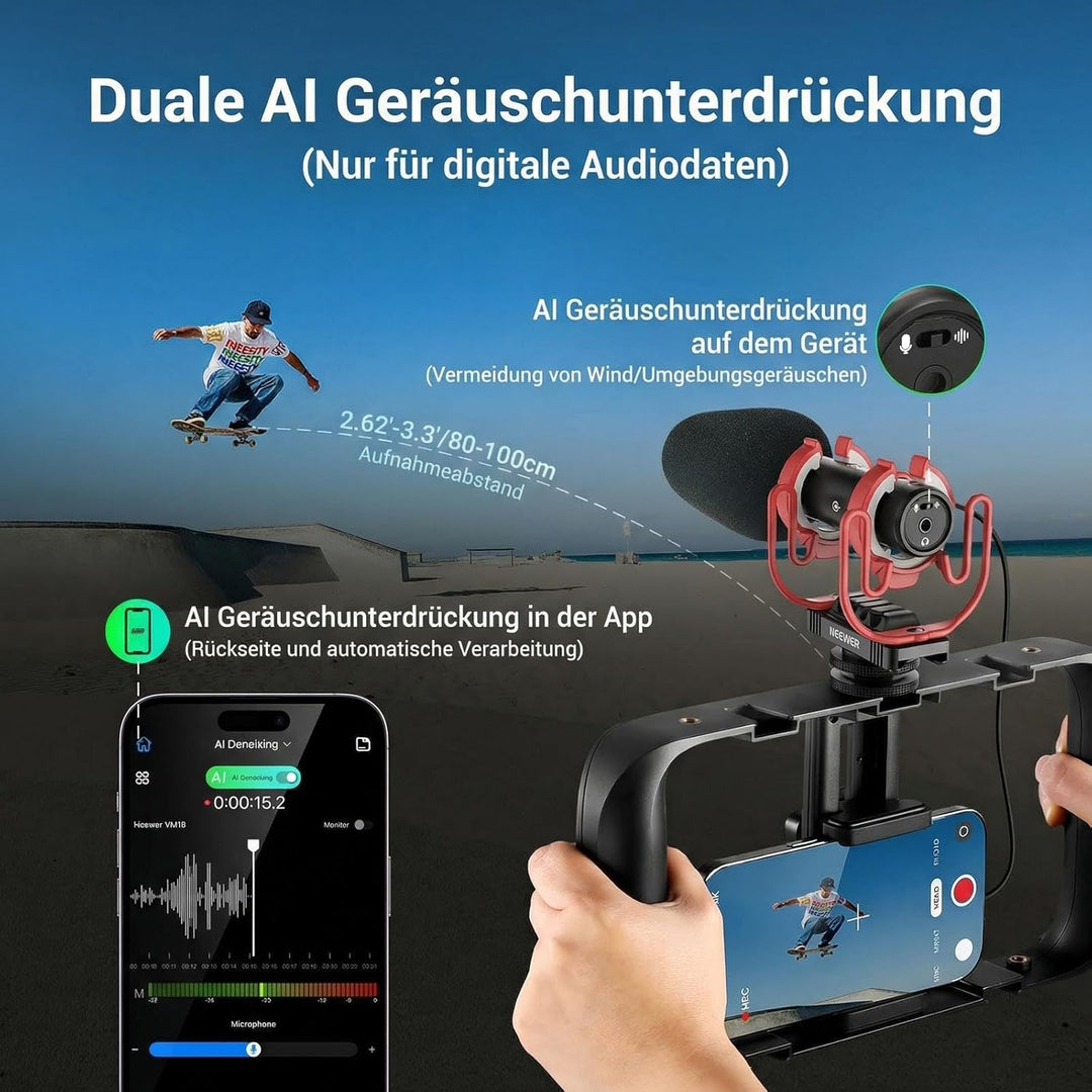 NEEWER Mini Mikrofon, AI Geräuschunterdrückung Microphone Handy, App Steuerung und EQ, 48kHz/24Bit,