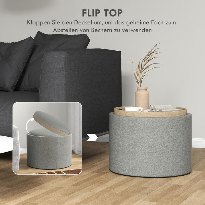 HOMCOM Sitzhocker mit Stauraum, Runder Hocker mit Klappdeckel Couchtisch, 56 x 56 x 42 cm Polsterhoc