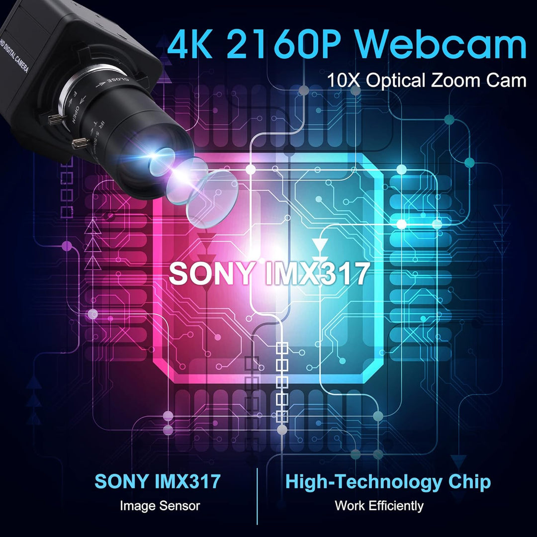 G 4K Varifokale USB Webcam 10X Optischer Zoom, 5-50mm Vari-Focus Webcam 4K Ultra HD 2160P, IMX317 Se