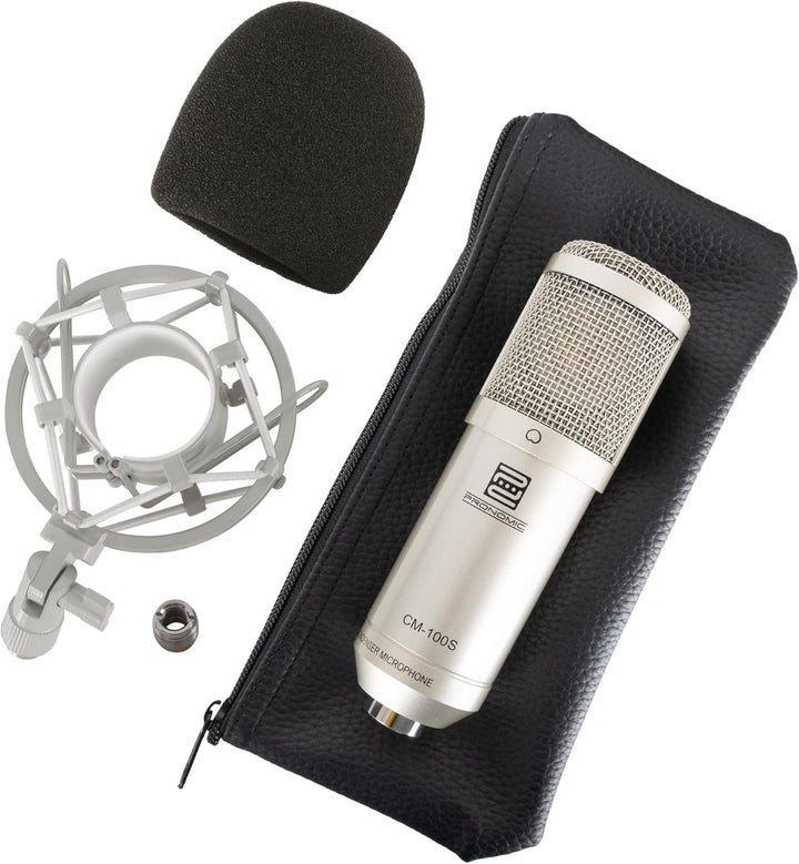 Pronomic CM-100S Studio Grossmembranmikrofon XLR-Kondensatormikrofon (mit Mikrofonspinne, Etui, Wind