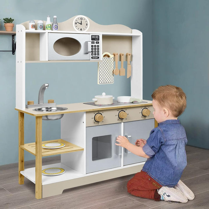 YRHome Kinderküche Holzküche Spielküche 68x26x78cm für Kinder Küchenzeile Zubehör Spielset mit 2 Koc