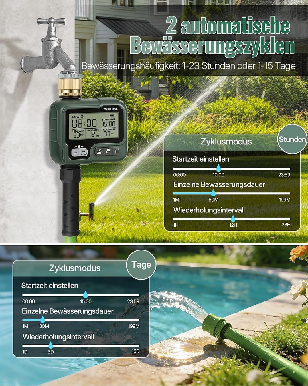 Bewässerungscomputer, Gartenschlauch Zeitschaltuhr Gartenbewässerung, Bewässerungsautomat, programmi