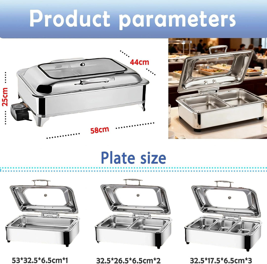 Chafing Dish Elektrisch 9L, Elektrische Speisewärmer Buffetwärmer mit Sichtbarem Glasdeckel, Kommerz